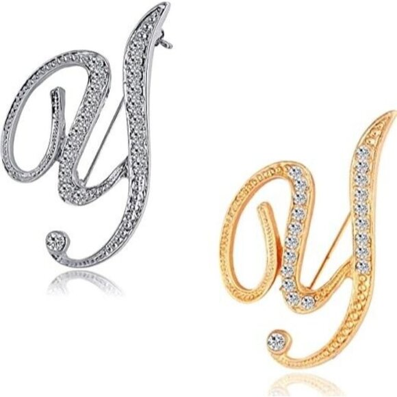 Initial Letter Y Brooch Pin Fashion Silver and Gold with Crystals Two Pack - Picture 1 of 10